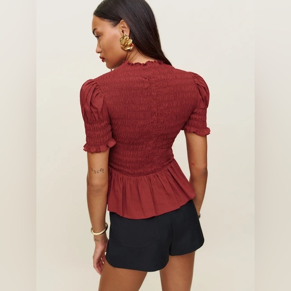 NEW Reformation Aggie Short Sleeve Top Rubies Dark Red Smocked Top | size XS - Picture 3 of 11